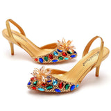 7 Cm Colorful Gold Light-Headed Sandals Water Drill Glass Fine Heel Sandals Large Size Bride Wedding Shoes Women HZ0115