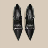 Naipa Black Temperament Word With Fine Heel High Heels Female Niche Design Metal Buckle Tip Light Mouth Single Shoe Woman HZ0115