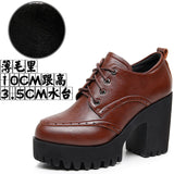 Dark Brown Bullock Women's Shoes With English Carved Small Leather Shoes Thick Heel High Heel Waterproof Table Round Head Deep Mouth Single Shoe HZ0115