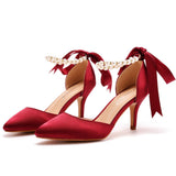 7 Cm Medium Heel Sandals Fine Heel Water Drill Beaded Sandals Simulation Silk Wedding Banquet Dress Shoe Tips Sandals Woman HZ0115