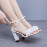 7 Cm Round Head With Thick Heel And Shallow Mouth With Sandals Pure White Flowers Bride Wedding Dress Shooting High Heels HZ0115