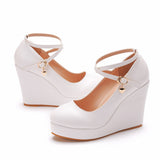 10 Cm Fashion Thick Bottom Slope Single Shoe Round Head Height Waterproof Slope Heel Buckle Heel Women's Shoes HZ0115