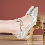 Mother Singles Women Fashion 2025 Spring And Autumn New Thick Heel High Heel High-Heeled Shoes Magic Buckle Water Drilling Wedding Shoes HZ0115