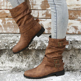 Mid-Pig Boots Women's Size Size 2025 Autumn/Winter Round Head Shed Belt Buckle Decoration Lady Boots HZ0115