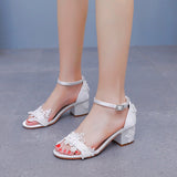 5 Cm Square Sandals Shallow Mouth With Coarse Sandals Horseshoes And White Lace Flowers Bride Wedding Shoes HZ0115