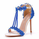 Sandals White Buckle Shoes Fine Heel Fish Mouth Roman Exposed Toe Sandals 11 Cm Beaded High-Heeled Sandals HZ0115