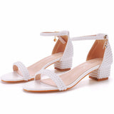 7 Cm Thick Heeled Shallow Word With Sandals Round Head Square Thick Heel Sandals White Pearl Sandals Wedding Shoes HZ0115