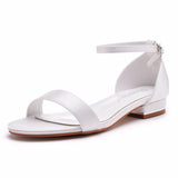 2 Cm Square Sandals Shallow Mouth With Buckle Sandals Ivory White Silk Satin Bridal White Sandals Woman HZ0115