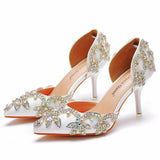 7 Cm Golden Water Diamond Wedding Shoes Fine Heel Pointed Sandals Hollow Two-Siped Sandals Banquet Crystal Wedding HZ0115