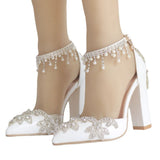 New White Pointed Crystal Wedding Shoes Coarse Heel Ultra-High Heel Bridal Shoes Buckle Tuxedo Water Drill Women Sandals HZ0115