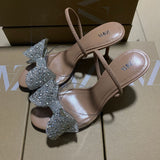 2025 Summer New Women's Shoes Beige Water Drill Bows Fine High Heel Sandals Tip-Out Fashion Sandals HZ0115