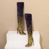 2025 New Gradient Squint Side Zipper Tip Fine Heel High Knee Boots Woman HZ0115