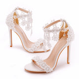 Tuxedo Sandals White Buckle Shoes Fine Heel Roman Sandals White Lace Heel Sandals HZ0115