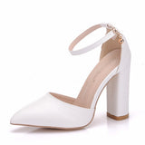 4 Cm Thick Heel Tip Small White Shoes Low Thick Heel In Hollow Sandals Spring Square Heel Women's Shoes White Bridal Shoes HZ0115