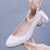 Large-Size 3 Cm Square-Head Single Shoe With A Single Shoe Buckle Mary Jane White Shoes Beads Ribbon Wedding Shoes HZ0115