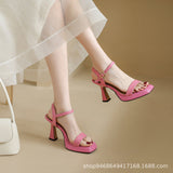2025 Summer Thick-Soled Women's Shoes With Fashion Square High Heels Thick Heel Waterproof Table Barbie Powder Sandals 9Cm HZ0115