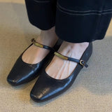 Shallow Word With Buckle Black Mary Jane Shoes Women Retro Flat Floor Comfortable Square Head Small Single Shoes HZ0115