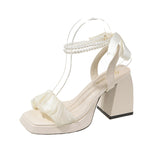 Net Yarn High Heels Women Summer 2025 New Thick Heel French Fairy Pearl Roman Sandals Ins HZ0115