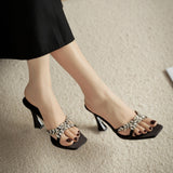 Beautiful Cross With Water Todss Square Sandals Female Feeling Black Satin High-Heeled Cool Slippers 2025 Summer HZ0115