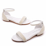 2 Cm Square With A Shallow Mouth With Buckle Sandals Ivory White Silk Satin Bridal White Pearl Sandals Woman HZ0115