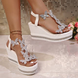 2025 Summer New Large-Size Women's Sloping Sandals Bow Set Pine Cake Water Drill Bottom Fish Mouth Sandals HZ0115