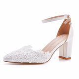 Large-Size 7 Cm Thick Heel Sharp-Headed Hollow Sandals Spring Square Heeled Women's Shoes White Lace Bride High Heels HZ0115
