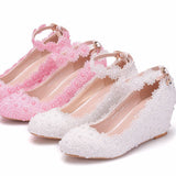 Dwarf Heel White Lace Pearl High Heels Women's Shoes Slopes High Heels High Heels Wedding Shoes Shallow Buckle Round Head Single Gift Shoes HZ0115