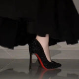 Sequin Red-Soled High-Heeled Women's Spring And Autumn 2025 New Black Fine Heel Sexy Sharp Head Beauty Professional Temperament Single Shoes HZ0115