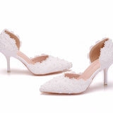 7.5 Cm White Lace Wedding Shoes Fine Heel Pointed Sandals Hollow Two-Siped Sandals Large Size Lace HZ0115