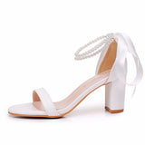 7 Cm Thick Heeled Light Mouth With Sandals Round Head Beads Tied With High Heel Sandals White Wedding Shoes Woman HZ0115