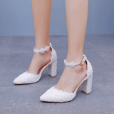 White Lace Pointed Women's Singles Lace Wedding Dress Shoes Spring Thick Heel Sharp Sandals White Wedding Shoes Shallow HZ0115
