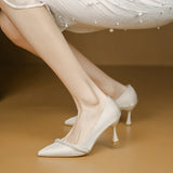 White Pearl High Heels Female Fine Heel Students Presided Ceremonial Pointed Single Shoes French Bridesmaid Shoes Red Wedding Shoes HZ0115