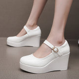 Painted Leather Stone Slope Heel Single Shoe Round Head Light Mouth Work Shoes Thick-Soled Waterproof Table Model Show High Heels Women HZ0115