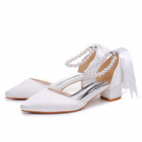 4 Cm Low Heel Tip Hollow Sandals Coarse Heel Beaded Women's Shoes White Mute PU Wedding Banquet Bridal Shoes HZ0115
