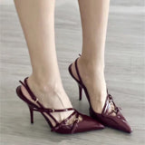 Painted Wine Red Sexy Pure Lustful Breeze Tip Heightening Leg Long Sandals New French Hepburn Elegant Temperament HZ0115