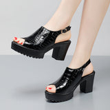 Fish Mouth Patent Leather Crocodile High Heel Sandals Summer White Wedding Shoes Waterproof Table Thick Cheongsam Walking Shoes Coarse Heel Women's Shoes HZ0115