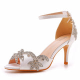 7 Cm Satin Cloth Bridal Fish Mouth High Heel Sandals Shallow Word Size Diamond Wedding Round Head Fine Sandals HZ0115