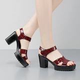 Painted Leather High Heel Waterproof Sandals Women Fashion Crocodile Pattern Walking Shoes Summer Coarse Heel Magic Sticky H Women's Shoes HZ0115