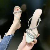 High-Heeled Sandals Water Drill Women's Fine And Exposed Toe 2025 Summer New One-Word With Half-Slippers Wearing Net Red Tide HZ0115