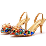 7 Cm Colorful Gold Light-Headed Sandals Water Drill Glass Fine Heel Sandals Large Size Bride Wedding Shoes Women HZ0115