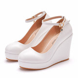 Thick Bottom Heel Single Shoe With White Round Head Waterproof Table Slope Heel Wedding Shoes Pine Cake HZ0115