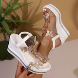 2025 Summer New Large-Size Women's Sloping Sandals Bow Set Pine Cake Water Drill Bottom Fish Mouth Sandals HZ0115