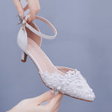 5 Cm Large-Size Sandals Fine-Heeled White Lace Water Diamond Wedding Shoes In The Pearl Bridal Dress Shoes HZ0115