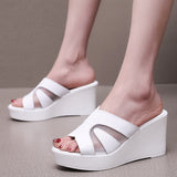 Fashion Outside The Slope And A Word Drag Summer New Pine Cake Thick Bottom Waterproof Table Hollow High And Fish Mouth Mesh Slippers Woman HZ0115