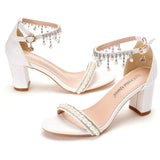 7 Cm Thick Heel Shallow Mouth With Sandals Round Head Beads Esu On High Heels White Pearl Wedding Shoes HZ0115