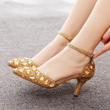7 Cm Large-Size Sandals Fine Heel Head Water Drill High Heel Sandals Gold Water Drill High Heels Wedding Shoes HZ0115