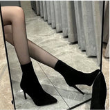 New Sense Of Apricot Pointed And Velvet Thin Boots Short Boots Korean Version Design Autumn And Winter High Hedging Socks Boots HZ0115