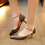 Baotou Sandals Women's Spring 2025 New Korean Version One-×Ö Buttoned Pearl Tip Fine And Frosted High Heel Single Shoes HZ0115