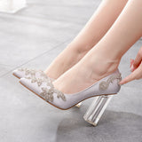 9 Cm Crystal Transparent Square Tip Single Shoe Bridal Shoes Silk Satin Cloth Diamond Skirt Shoes Wedding Shoes HZ0115