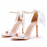 Elegant Fish Mouth High Heel Beaded Sandals Beautiful Ribbon Satin Cloth High Heels High Heels Wedding Dress Wedding Dress Bridal Shoes HZ0115